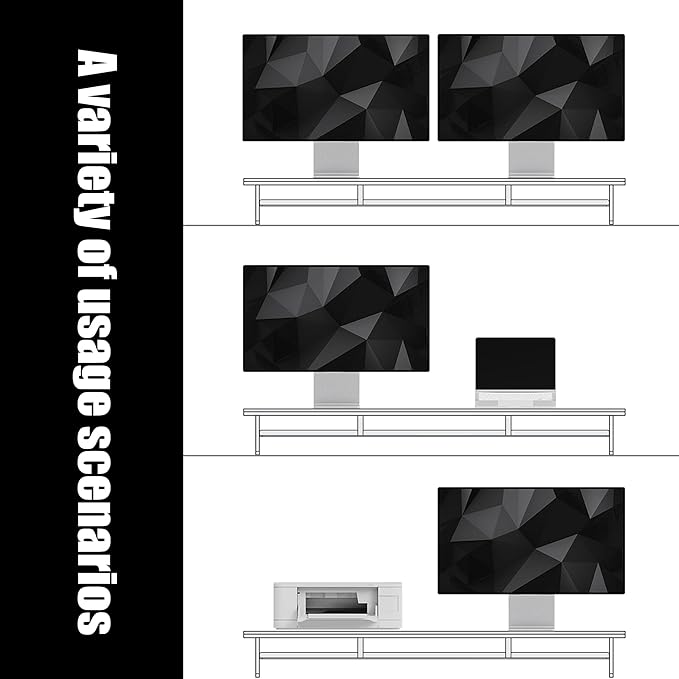 Dual‑Tier Monitor Stand for Modern Desk Setup – Minimalist Wooden and Metal Riser Shelf with Transparent Acrylic Feet for Dual Monitors, Laptops, Home Office Aesthetic，Brown and White