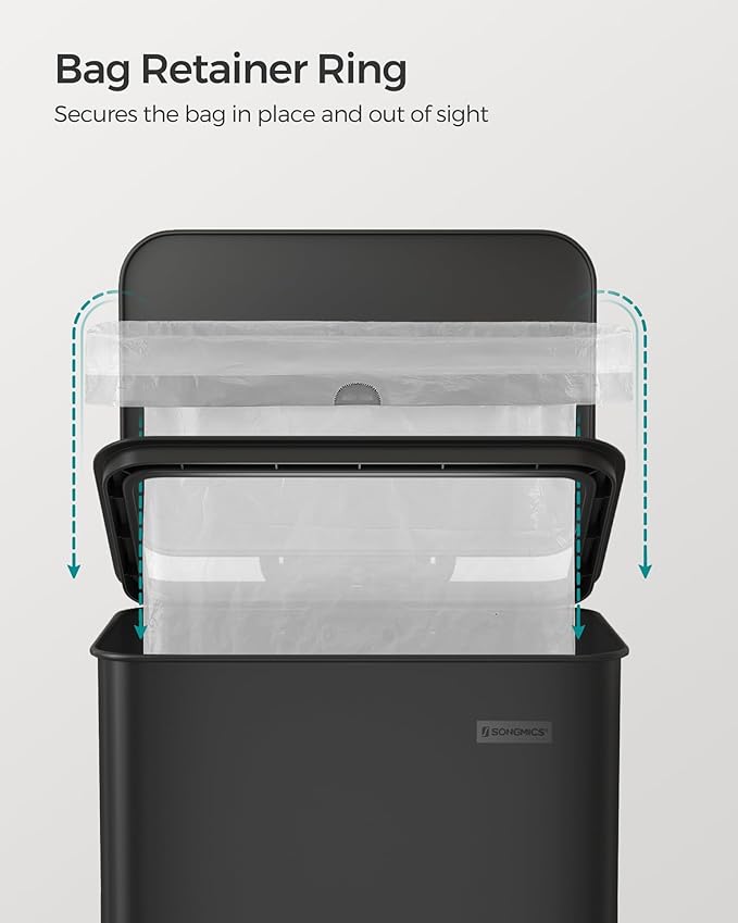 SONGMICS Kitchen Trash Can, 10.5 Gallon (40 L) Garbage Can, Large Step Trash Bin with Lid, Stainless Steel, Soft Close, 15 Trash Bags Included, Black ULTB540B40