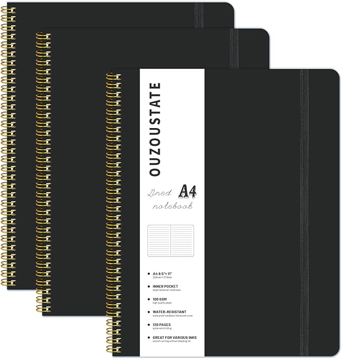 Lined Spiral Notebook A4 Hard Cover Notebook 8.5" x 11", Black College Ruled Notebook for Work, 120 Pages 100GSM Large Thick Paper Writing Journal for Women & Men