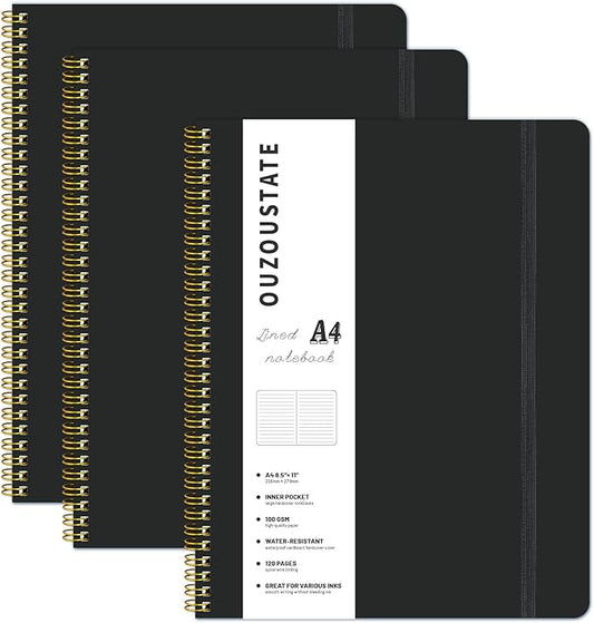 Lined Spiral Notebook A4 Hard Cover Notebook 8.5" x 11", Black College Ruled Notebook for Work, 120 Pages 100GSM Large Thick Paper Writing Journal for Women & Men