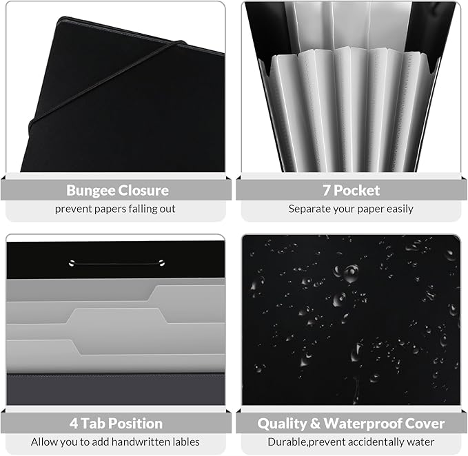 SKYDUE Accordion File Organizer, 5 Pocket Expanding File Folders with Pockets, Document Organizer, Portable Paper Organizer，School Office Supplies Black