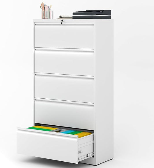AQY 5 Drawer File Cabinet with Lock,Metal Lateral File Cabinets for Home Office,Steel Wide Filing Organization Storage Cabinets for Hanging Files Letter/Legal/F4/A4 Size,Assembly Required(White)