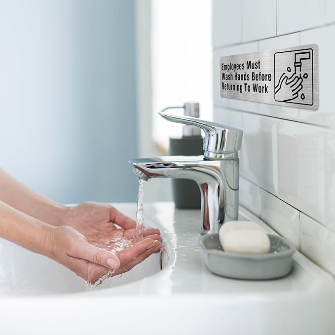 Employees Must Wash Hands Before Returning To Work Sign Aluminum Silver 9 x 3 Inches Self-Adhesive Waterproof Metal Door Wall Sign for Business Bathrooms 4 Pack