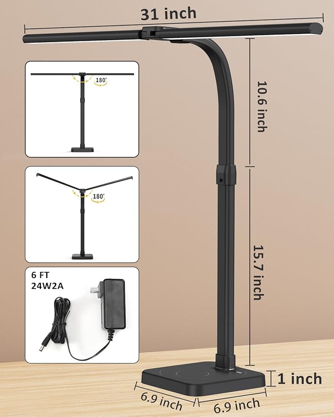 LED Desk Lamp for Home Office, Double Head 24W with Base, Architect Light 5 Lighting Brightness Flexible Gooseneck Table Reading Study, Black