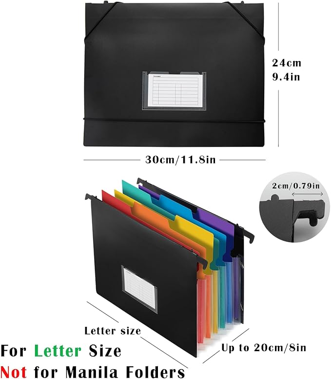 TRANBO 7-Pockets Hanging File Folder with Retractable Hooks for Filing Cabinet, Letter Size Expandable Accordion File Organizer with Elastic Band for File Frame or On-The-Go Use (3 Pack)