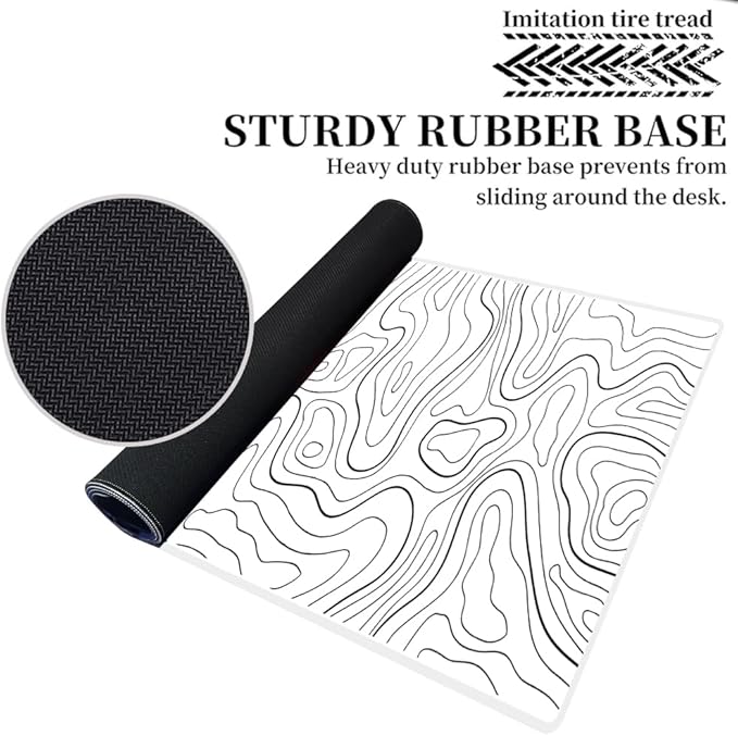 White Mouse Pad, Topographic Mouse Pad Large, Gaming Desk Pad, XL Mousepad, Keyboard Pad, Desk Mat, 31.5 x 11.8 in, Minimalist Contour for Office