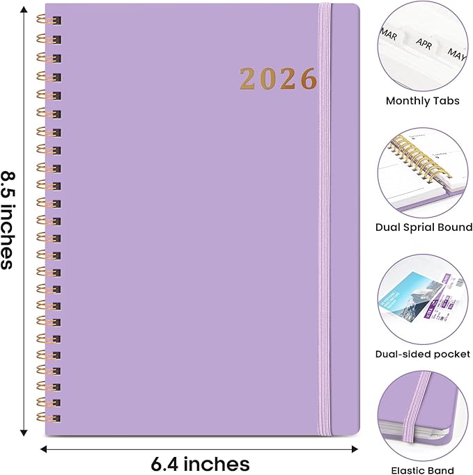 2026 Planner, Weekly and Monthly Calendar Planner Book, January 2026 - December 2026, Hardcover Spiral Planner with Monthly Tabs, Notes Pages, Perfect for Women & Men, A5 (6.4" x 8.5") - Lavender