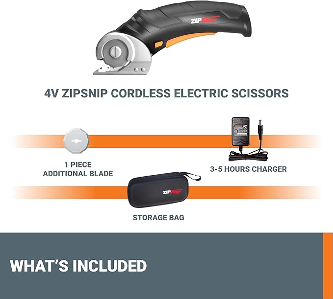 Worx Zipsnip Cordless Electric Scissors, Rechargeable Cardboard Box Cutter, 4V Powerful Fabric Scissors with 2 Safety Blades & Storage Bag WX082L.2