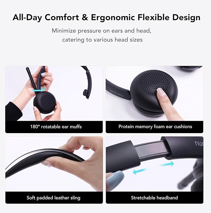 NUROUM Wireless Headset with Mic for Work, Trucker Bluetooth Headset with Noise Cancelling Microphones, Single Ear, Multi-Point/Mute, 45H Playback for Call Center/Work from Home/Office HP31SN