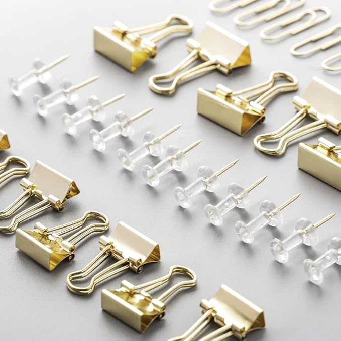 Paper Clips and Binder Clips Set, Metal Assorted Sized Binders with Push Pins, Cute Office Supplies for Desk, Desk Accessories (Gold Set of 3)