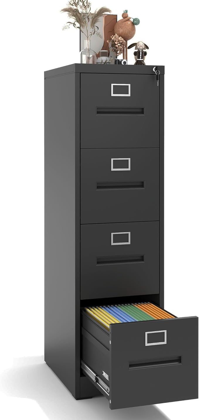4 Drawer File Cabinet with Lock, Metal Vertical Filing Storage Cabinet for Home Office, Steel Vertical File Cabinets for A4 Legal/Letter Folders,Silent Sliding Drawers, Assembly Required (Black)