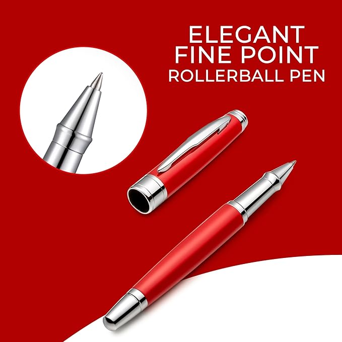 ZenZoi Red Elegant Executive Rollerball Pen - Smooth Writing Fine Point Roller Gel Ink Refills - Fancy, Luxury Gift Set for Men or Women - Premium, Refillable, Professional