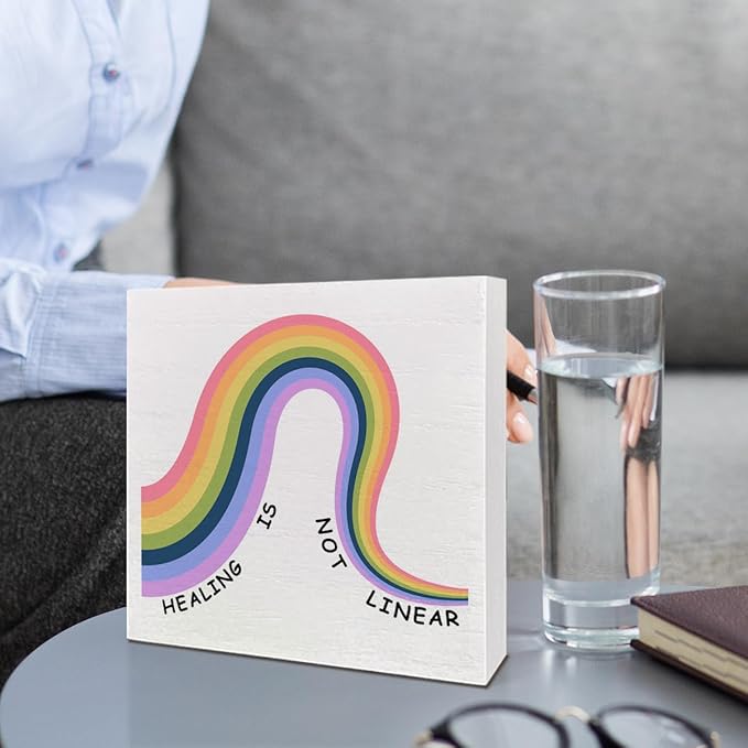 Therapy Office Desk Wooden Box Sign Decor, Mental Health Wood Box Sign Decorations for School Psychologist Therapy Office, Gifts for Therapist Psychologist School Counselor, Healing Is Not Linear