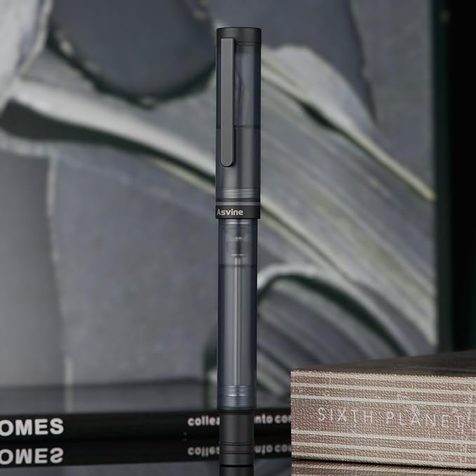 Asvine V200 Titanium Fountain Pen Vacuum Filling, Matte Black Extra Fine Nib Clear Demonstrator Acrylic with Pen Case and Wrench