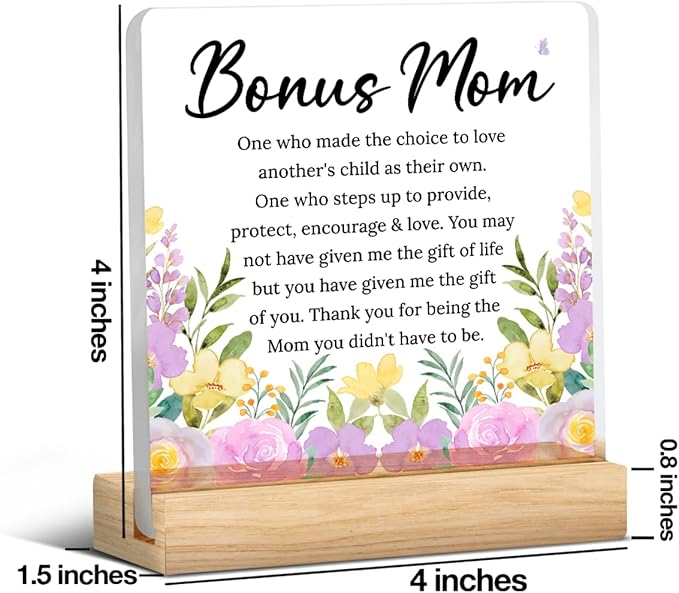 Bonus Mom Step Mom Mothers Day Gifts for Stepmom from Son Daughter I Love You Thank You Birthday Gifts for Bonus-mom Step-Mom Office Desk Decor For Home Acrylic Sign Christmas Gift