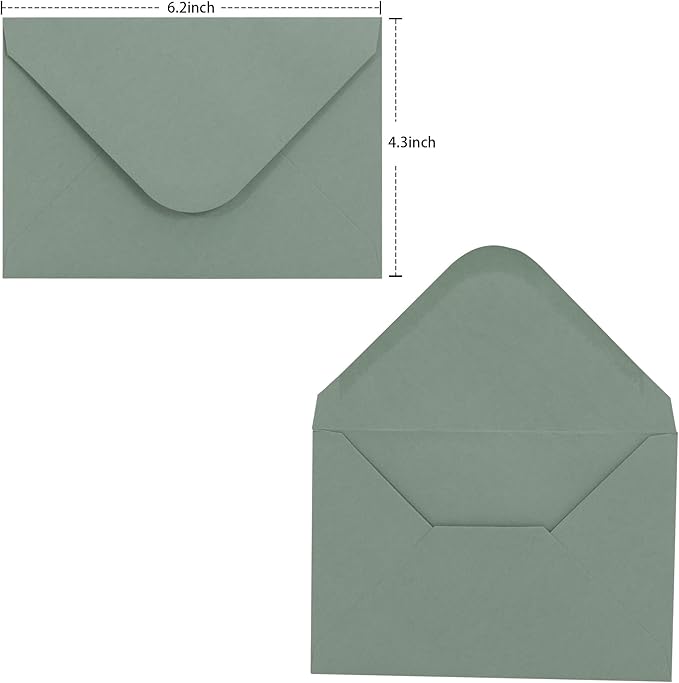 Sage Green Envelopes 4 x 6 Inch, 50 Pack, A4 Size Blank 4 1/4” X 6 1/4”, 120gsm V-flap Water Gummed Thick Paper Made for Invitations, Wedding, Birthday, Personalize Gift, Postcard Envelopes