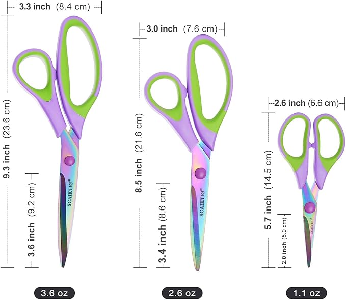 Scissors All Purpose, Sharp Titanium Blades Shears, Rubber Soft Grip Handle, Multipurpose scissors 3 pack, Great for Office, Fabric, Craft, Sewing, Arts, School and Home Supplies, Green
