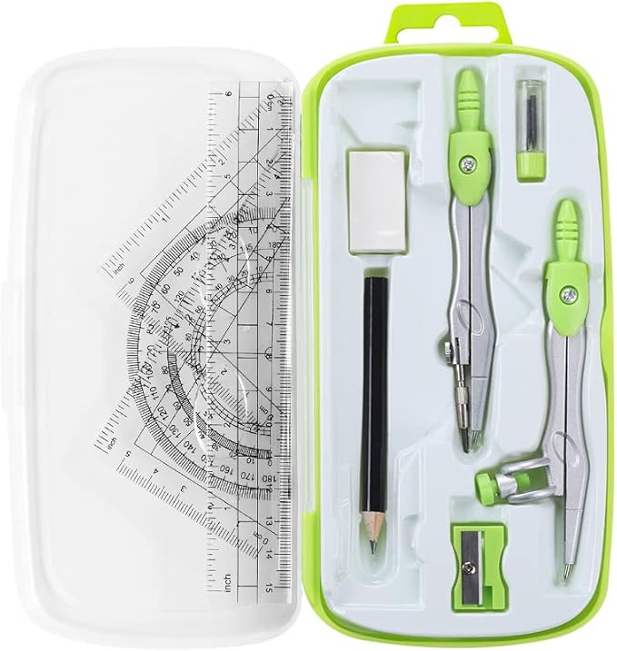 Math Geometry Kit Sets 10 Piece Student Supplies with Shatterproof Storage Box,Includes Rulers,Protractor,Compass,Eraser,Pencil Sharpener,Lead Refills,Pencil,for Drafting and Drawings（Green）