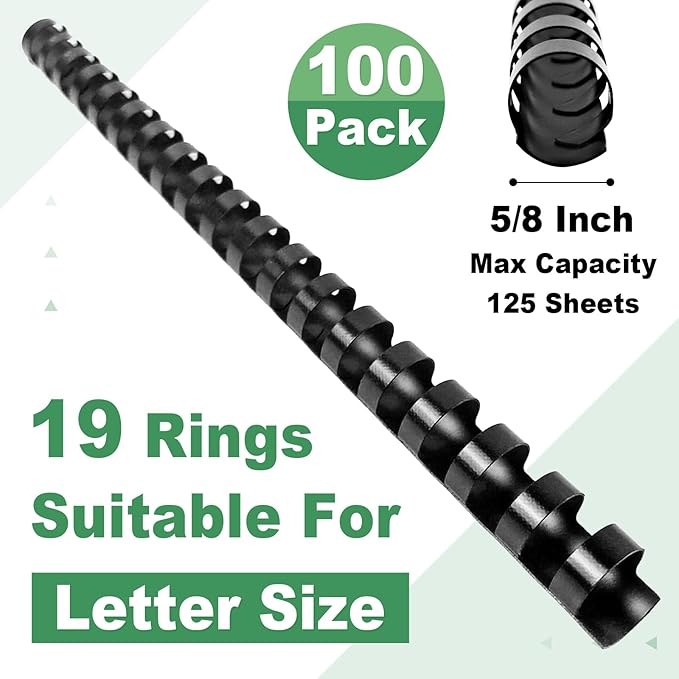 HOUYEE 5/8 Inch Plastic Binding Comb 19 Ring, 125 Sheet Capacity, Letter Size Black Comb Binding Spines (100 Pack)