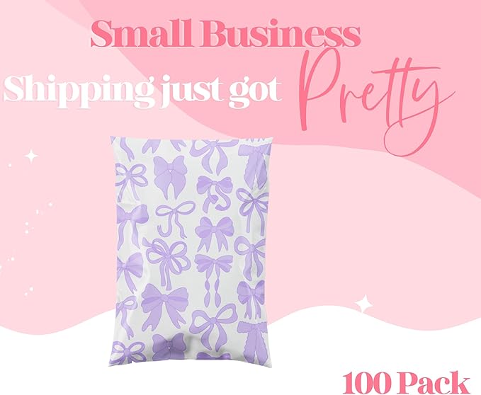 10x13 Designer Poly Mailer 100 Pack Heavy Duty Waterproof Self Seal Shipping Bags for Small Business Large Mailing Envelopes Bulk Tear Resistant Packaging Purple Bows