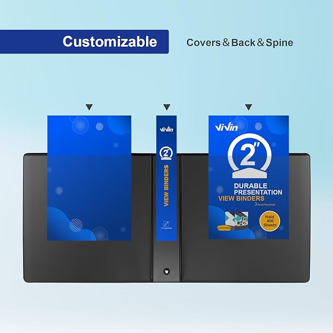 3 Ring Binder 2 Inch, ViVin Sturdy 2"-Round Ring Binder with 2 Interior Pockets, Clear View Cover, PVC-Free, Fits 400 Sheets of 8.5'' x 11'' Paper, Office Home School (6 Pack, Black)