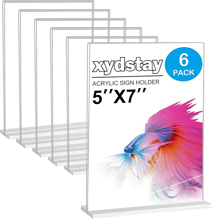 6pack Acrylic Sign Holder 5 X 7, Vertical T Shape Clear Plastic Sign Holder, Double-Sided Menu Holder, Unbreakable Table Sign Holder for Restaurant, Office, School, Store and Home Use