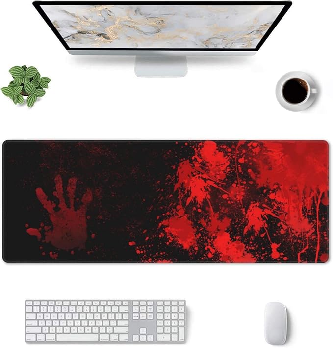 Halloween Scary Bloody Handprint Mouse Pad XL Extended Desk Mat, Non Slip Rubber Base Stitched Edge Gaming Pc Desktop Large Mice Pad,31.5 x 11.8 Inch