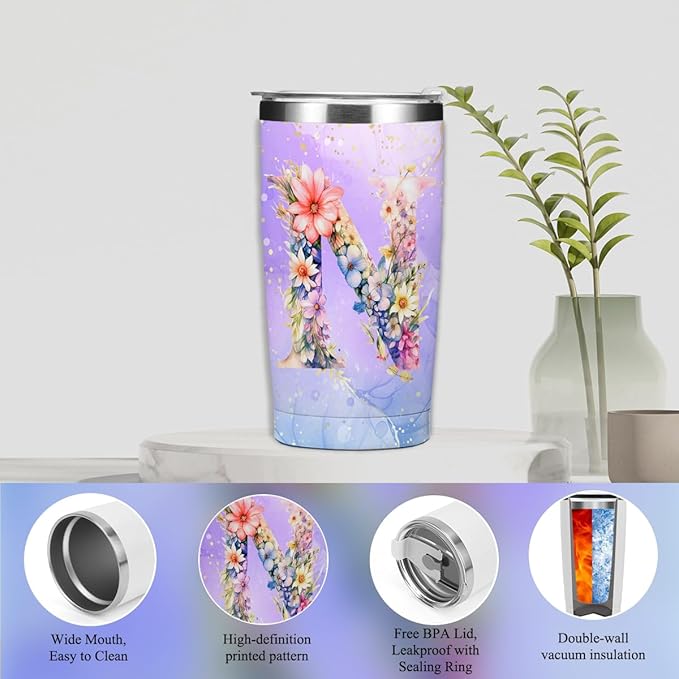 Personalized Gifts Monogrammed Birthday Gifts for Women, Colleague, Female Farewell Christmas, Initial 20 oz Tumbler, Makeup Cosmetic Bag Cup Pens Journal Notebook 6 Set, (Aesthetic Purple Flower N)
