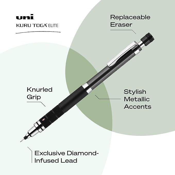 uniball Kuru Toga Elite Mechanical Pencil Starter Kit, 0.5mm, HB #2, Gun Metal Barrel, 1 Pack