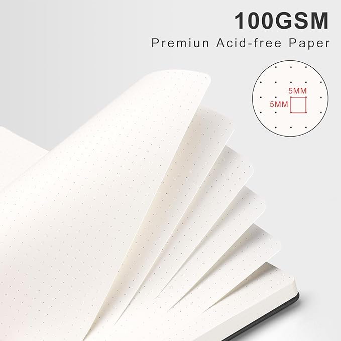 AHGXG Bullet Dotted Journal Spiral Notebook, Large B5 Dotted Notebook 140 Pages, Leather Hardcover, 100 GSM Thick Dot Grid Paper, Inner Pocket, for Bullet Journaling, 7.6" x 10", Black