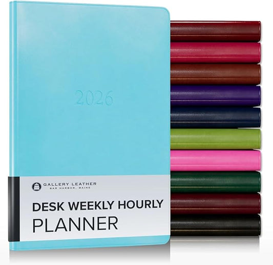 Gallery Leather Desk Hourly Weekly Monthly Planner 2025-2026, Elegantly Bound Calendar Planner and Notebook with Stylish Gold-Gilded Page Edges, 12 Months - Acadia Pool - 8 x 5.5 "
