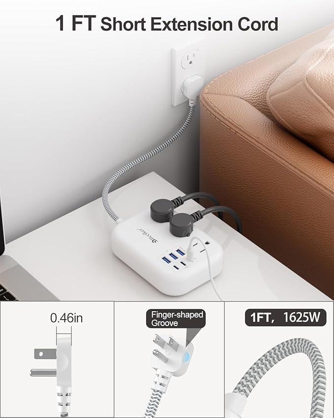 Short Extension Cord 1 Ft- 6 USB(3 USB C) Travel Power Strip with 24W USB Charging Station and 3 Outlets, 1Ft Small Flat Plug Extension Cord Surge Protector for Travel Home College Dorm 1625W