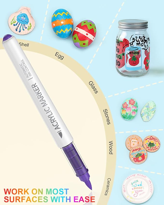 18 Colors Acrylic Paint Markers Brush Tip, Water-Based Paint Pens with Automatic Ink Control for Arts & Crafts, School, Classroom, Works on Paper, Metal, Wood, Ceramic, Glass, Rock, Canvas