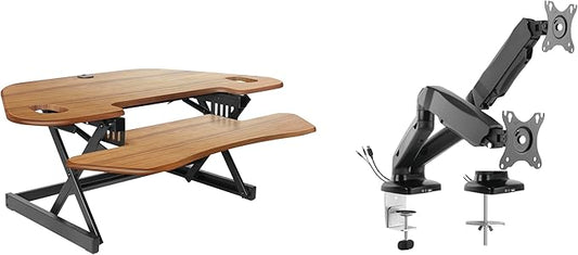 Rocelco 46" Height Adjustable Corner Standing Desk Converter with Dual Monitor Arm Mount Bundle - Sit Stand Up Tabletop Computer Workstation Riser - Extra Large Keyboard Tray - Teak (R CADRT-46-MA2)