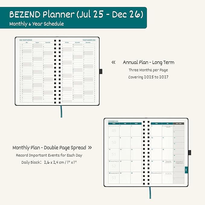 BEZEND Pocket Planner 2026 Weekly and Monthly (3.5" x 6"), 2-Column Calendar Book for Purse (Jul 25-Dec 26), Dual Schedule for Daily Appointment, Spiral Bound, PU Leather Softcover, Evergreen
