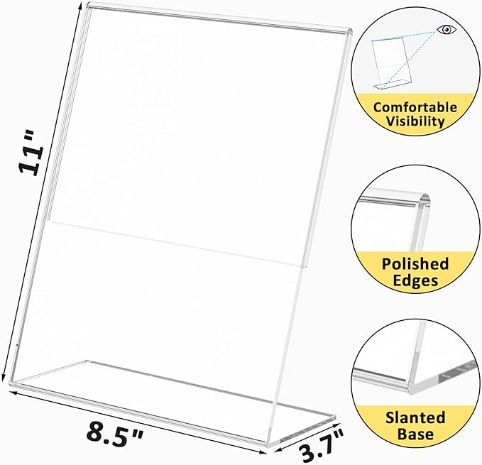 4 Pack Acrylic Sign Holder 8.5x11, Clear Plastic Slanted Back Sign Holders, Desktop Papers Menus Frame Flyer Document Holder Display Stand for Coffee Shops, Hotels, Offices, Public Spaces