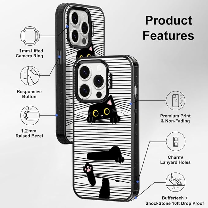 MOSNOVO Case for iPhone 14 Pro, [10ft 4X Military-Grade Drop Protection] Durable & Shockproof Phone Case Cover Design for iPhone 14 Pro - Hidden Black Cat - Clear Black