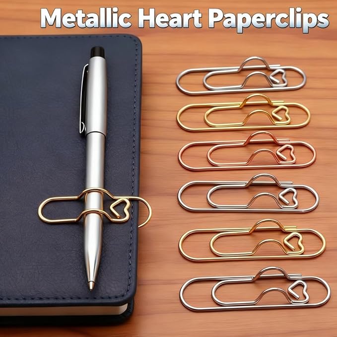 Heart Shaped Metal Pen Clip, Planner Writing Tool Holder, Thickened Carbon Steel, Not Deform/Discolor, for Notebooks Papers Journal Book Planner Jumbo Office Supplies (Silver 10 pcs)