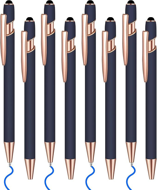 8 Pcs Blue Ink Ballpoint Pen with Stylus Tip 2 in 1 Stylus Ballpoint Pen Metal Pens Stylus Pen for Touch Screens School Office Coworkers (Blue Rose Gold)