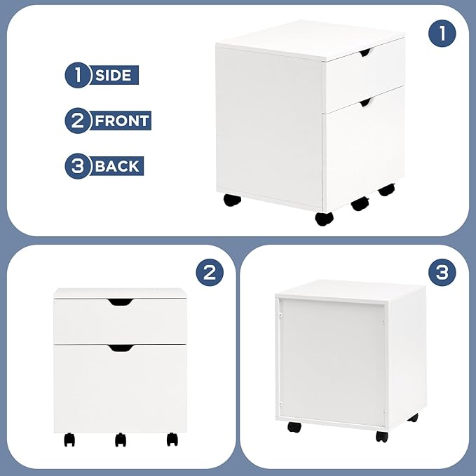 HollyHOME 2-Drawer Wood File Cabinet, Under Desk Cabinet for Home Office, Rolling Storage Shelf for Home, Printer Stand, for A4, Letter-Size, 11.8in Hanging File Folders, White