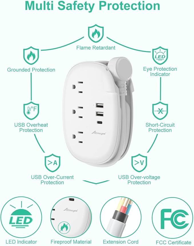 Alitayee USB C Travel Power Strip,Portable Power Strip with 3 Outlets 3 USB Ports Fast Charge, USB Extension Cord with Flat Plug and 4ft Wrapped Around Extension Cord for Cruise Travel Home Office