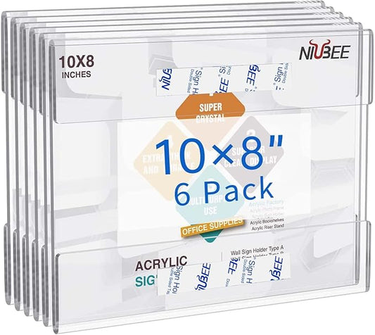 Niubee 8x10 inch Wall Mount Acrylic Sign Holder with Double Sided Tape Adhesive for Office, Home, Store, Restaurant, No Drilling -Horizontal (6 Pack)
