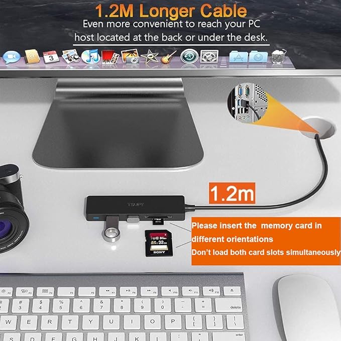 USB Hub 3.0 Splitter, TSUPY USB 3.0 Hub Multi USB Adapter Port Expander with 4ft Cable, SD/TF Card Reader & 3 USB 3.0 Ports Compatible for PC, Laptops, Surface Pro, MacBook, iMac Pro