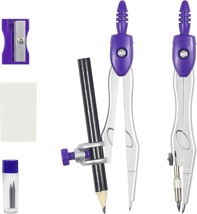 Math Geometry Kit Sets 10 Piece Student Supplies with Shatterproof Storage Box,Includes Rulers,Protractor,Compass,Eraser,Pencil Sharpener,Lead Refills,Pencil,for Drafting and Drawings（Purple）