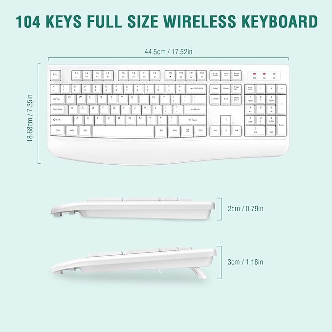 EDJO Wireless Keyboard, 2.4G Ergonomic Full Size Wireless Computer Keyboard with Wrist Rest for Windows, Mac OS Desktop/Laptop/PC（White）