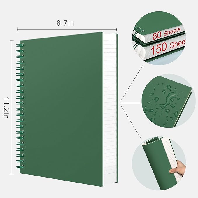 AHGXG Spiral Notebook College Ruled - Spiral Journal Notebook 8.5" x 11" Large A4, 300 Pages Lined Journal, 100GSM Thick Paper, Plastic Hardcover, for Women Men Office School Writing Work, Green