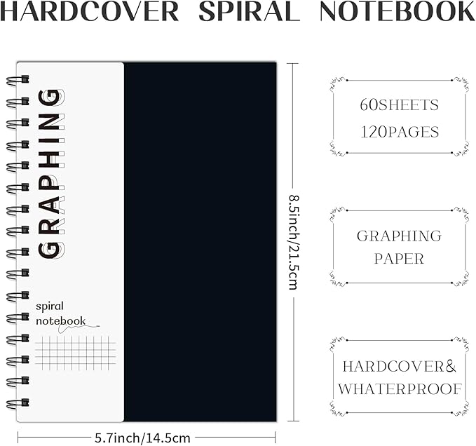 A5 Graph Paper Spiral Notebook 8.5" x 5.7"-4 Pack Grid Notebook Hardcover Notebook 120 Pages 100 GSM Thick Graphing Paper Notebook Hardcover Journal for School, Office, Artist Writing/Drawing