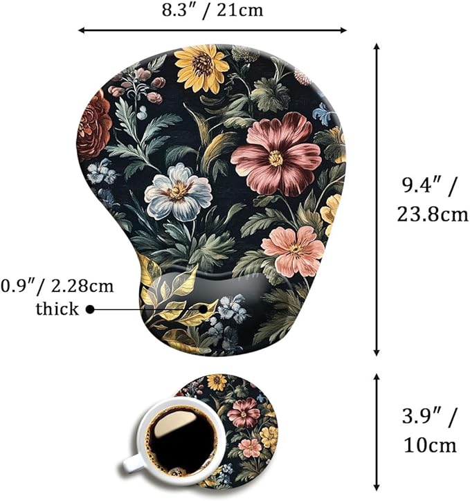 DOOKE Ergonomic Mouse Pad with Wrist Support,Mouse Pad with Wrist Rest and Coaster Set,Office Supplies Non-Slip Mouse Pads for Desk,Comfortable Cute Retro Floral