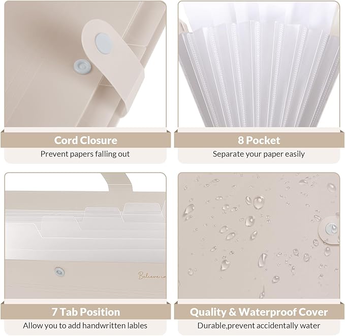 SKYDUE Expanding File Organizer with 8 Pockets, Accordion File Folders with Labels, Portable Document Paper Bill Receipt Organizer, Home College School Office Supplies, Letter Size,MilkTeaBrow