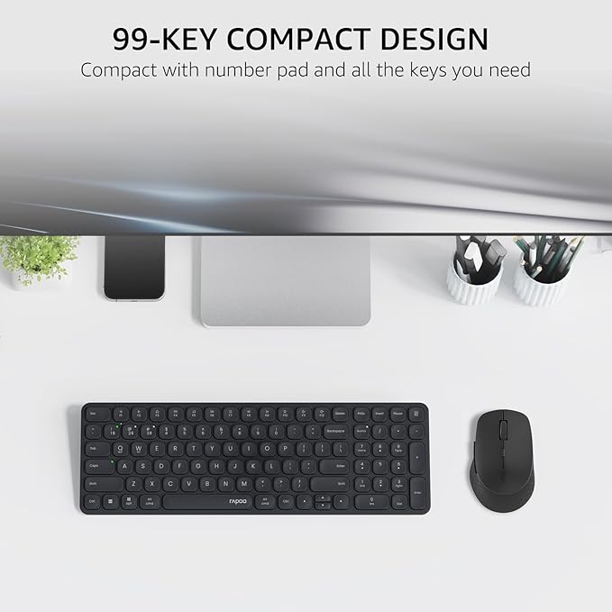 Rapoo Wireless Keyboard and Mouse Combo, Blade-Series E9310M 99-Key Ultra-Thin Keyboard and M300G Silent Mouse, Support 4 Devices, Quiet, Compact, Battery Powered, for Windows/Mac/Linux/Chrome